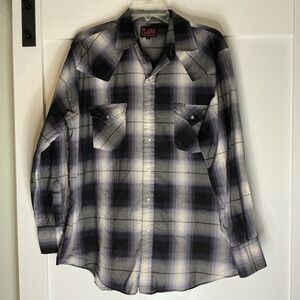Plains Shirt Mens Large Blue Plaid Check‎ Long Sleeve Western Cowboy Pearl Snap